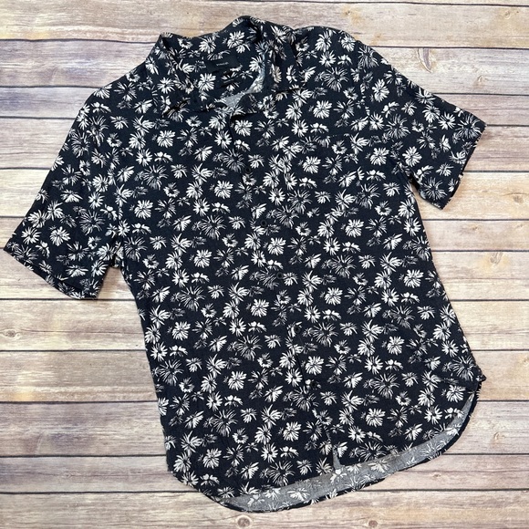 Vince Men’s Firework Floral Linen-Blend Short-Sleeve Shirt Black Size S - Picture 1 of 6